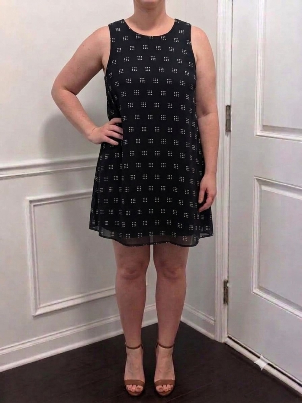 Kaari Blue Black Sleeveless Shift Dress with Square Dot Print